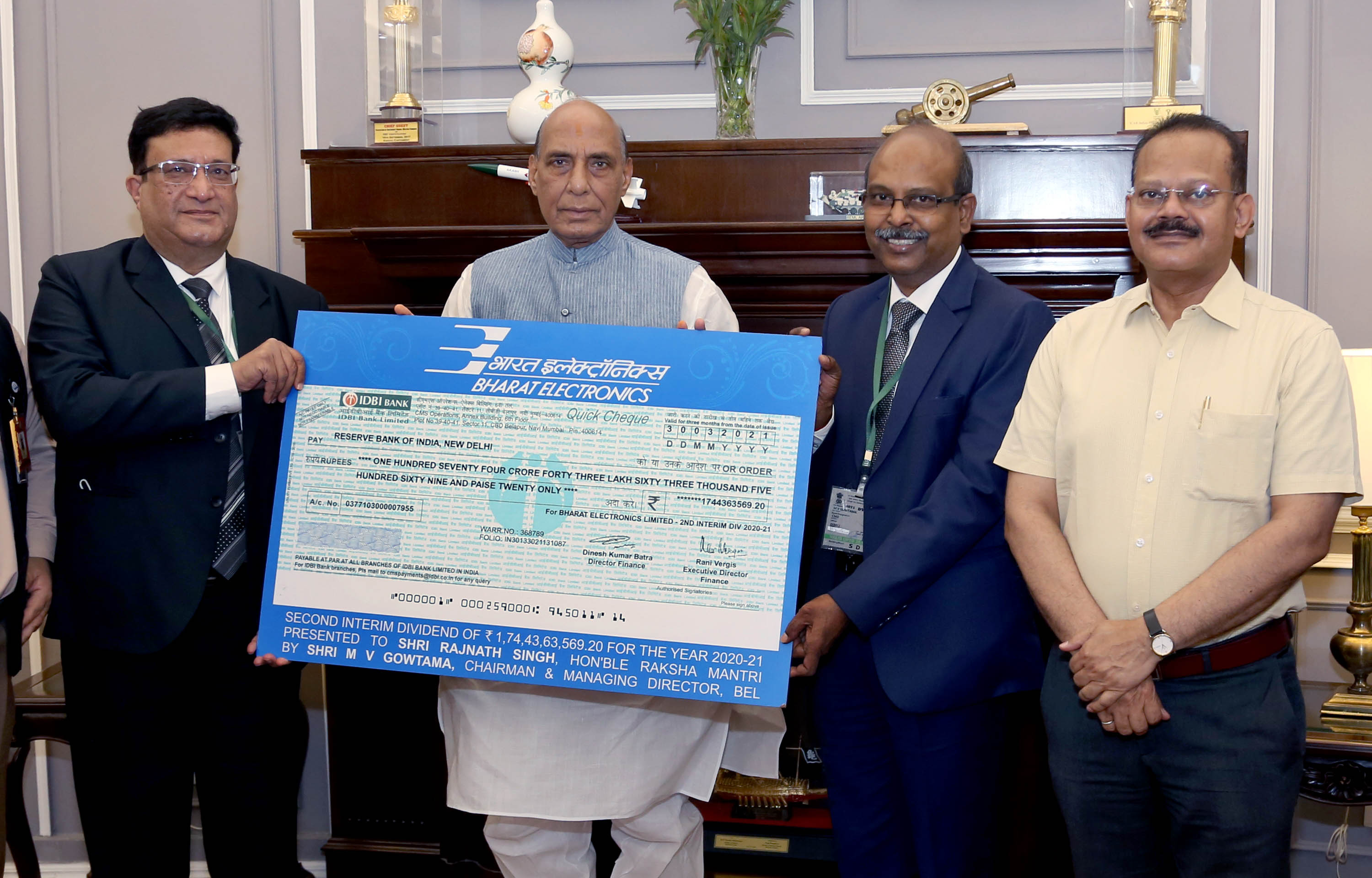 BEL hands over second divident of Rs 174 crore