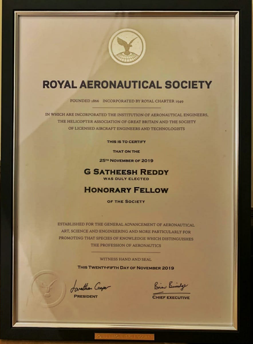 DRDO Chairman awarded Fellowship of Royal Aeronautical Society